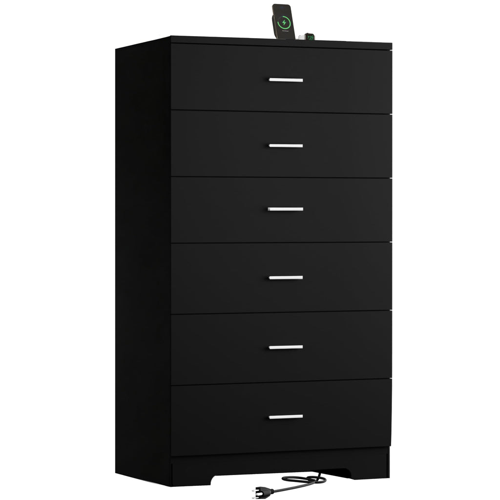 Black 6 Drawer Wood Dresser with Power Outlets W1074