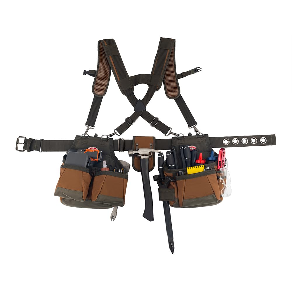 Tool Belt with Suspenders, 12 pockets, Brown, 52 Inch H173577