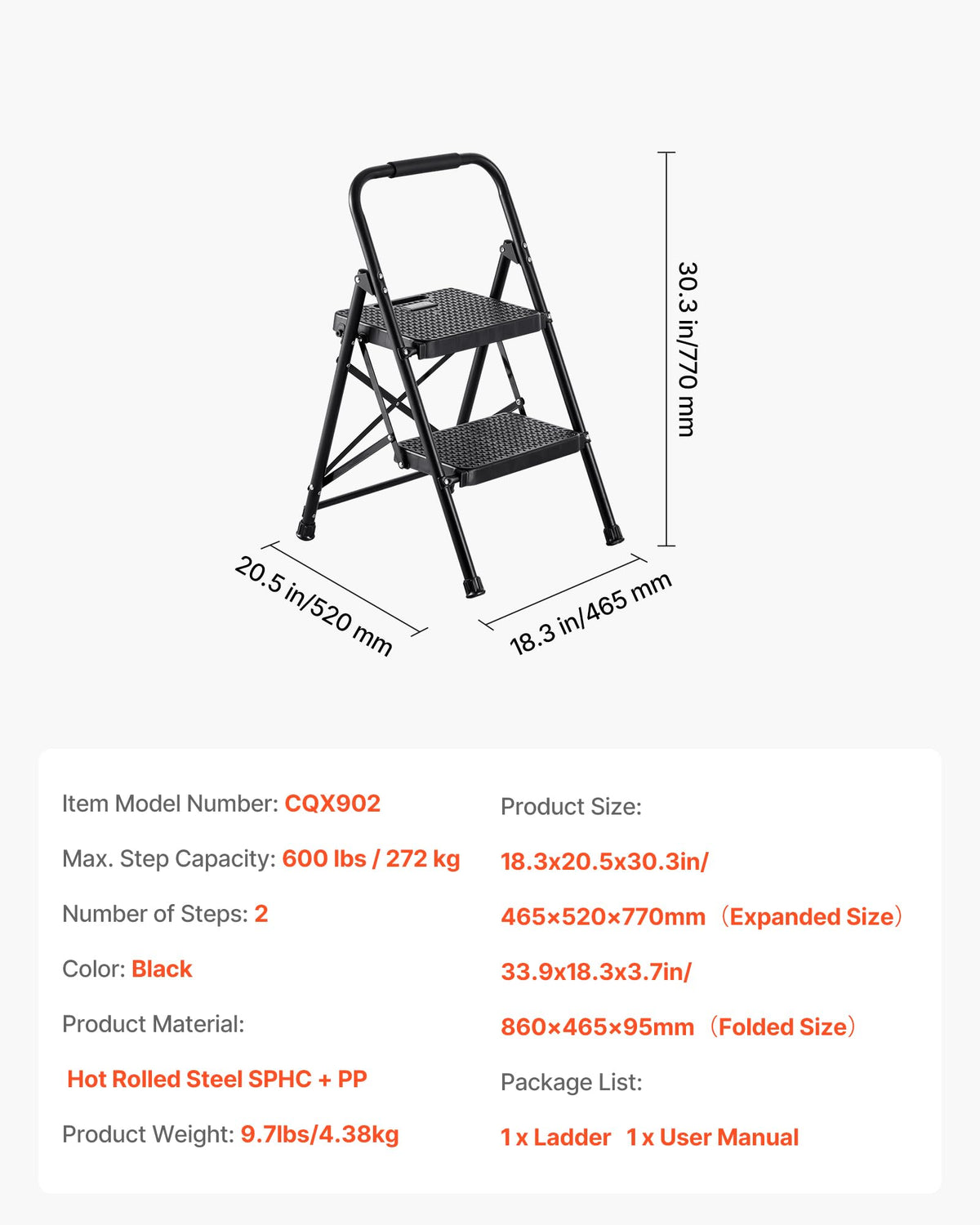 2 Step Folding Steel Ladder 600 lbs Capacity Black R52957
