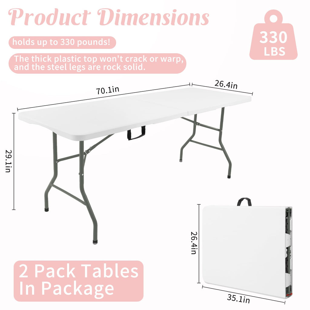 2 Pack 6 Feet Portable Folding Table White Plastic W603545