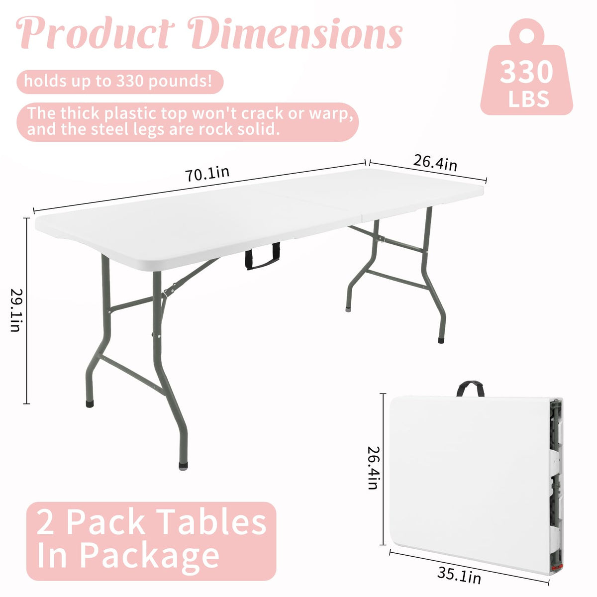 2 Pack 6 Feet Portable Folding Table White Plastic W603545