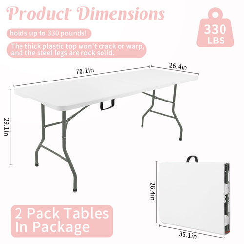 2 Pack 6 Feet Portable Folding Table White Plastic W603545