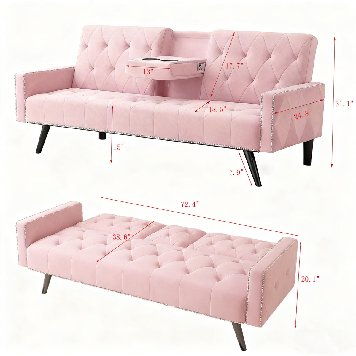Pink Velvet Futon Sofa Bed Y411344