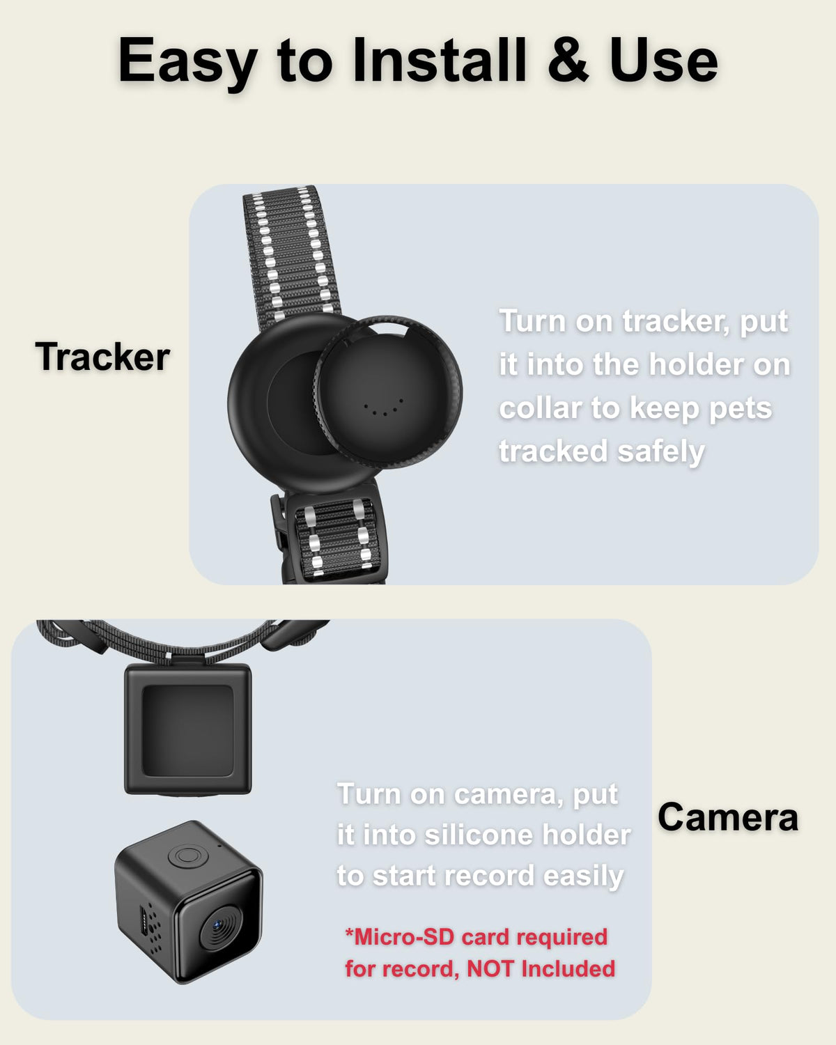 Cat Camera Collar with Tracker Tag, 1080P HD Pet POV Action Cam, Lightweight 0.7oz, Night Vision Z525