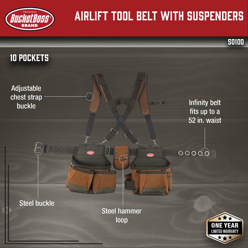 Tool Belt with Suspenders, 12 pockets, Brown, 52 Inch H173577