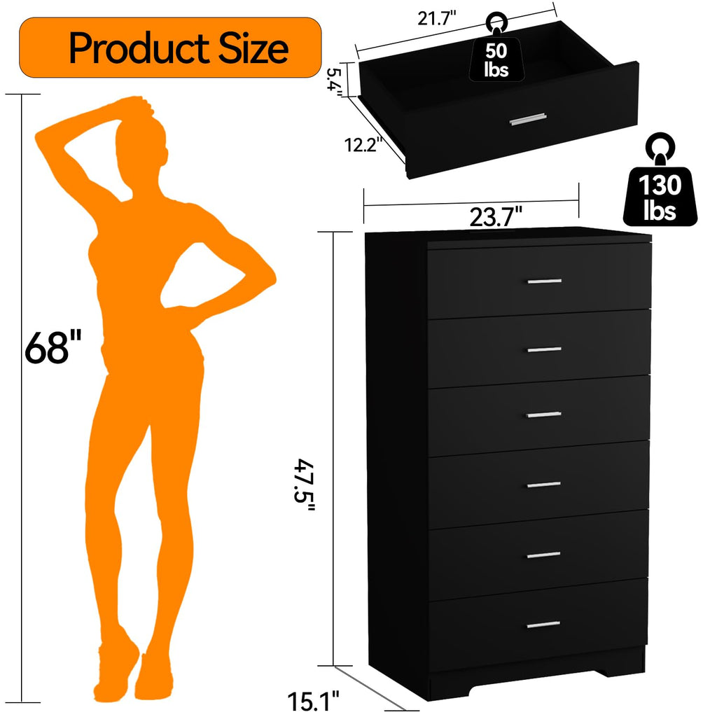 Black 6 Drawer Wood Dresser with Power Outlets W1074