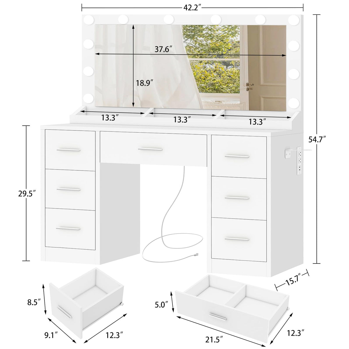 White Vanity Desk with 12 LED Lights and 7 Drawers X933