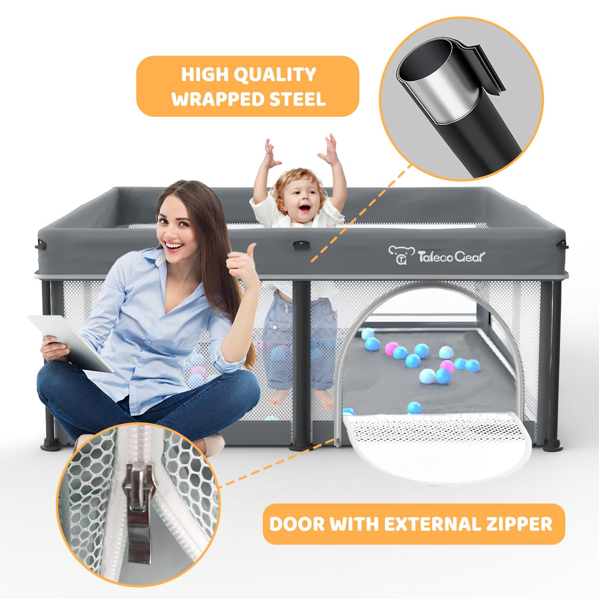 Foldable Baby Play Pen with Mat and Gate E292