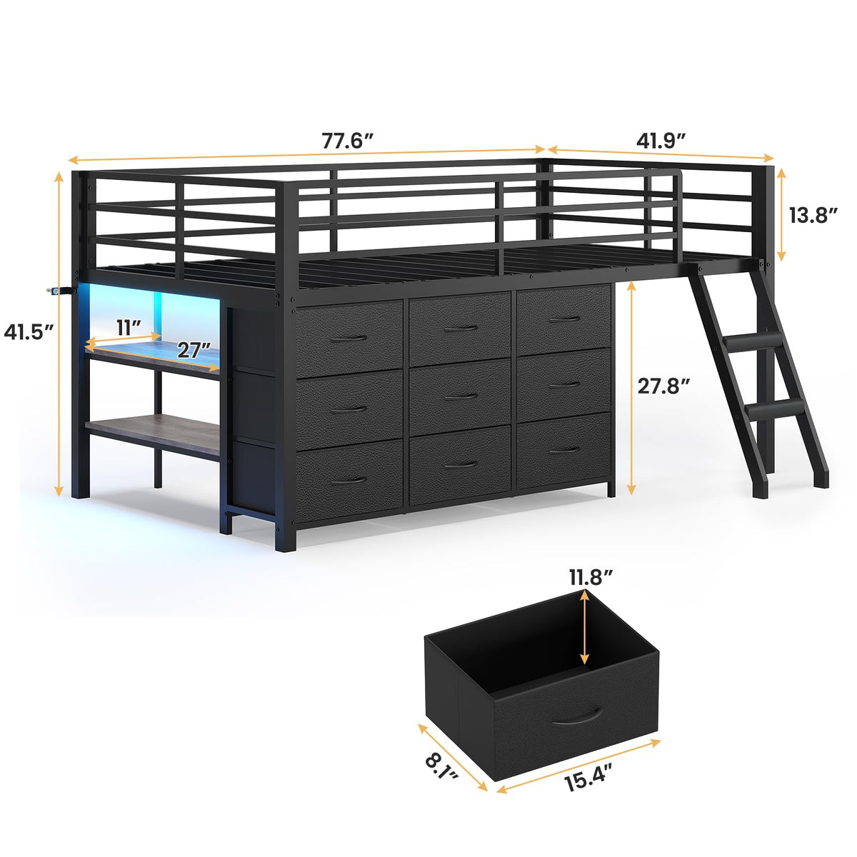 Twin Size Loft Bed with 9 Storage Drawers Z195017