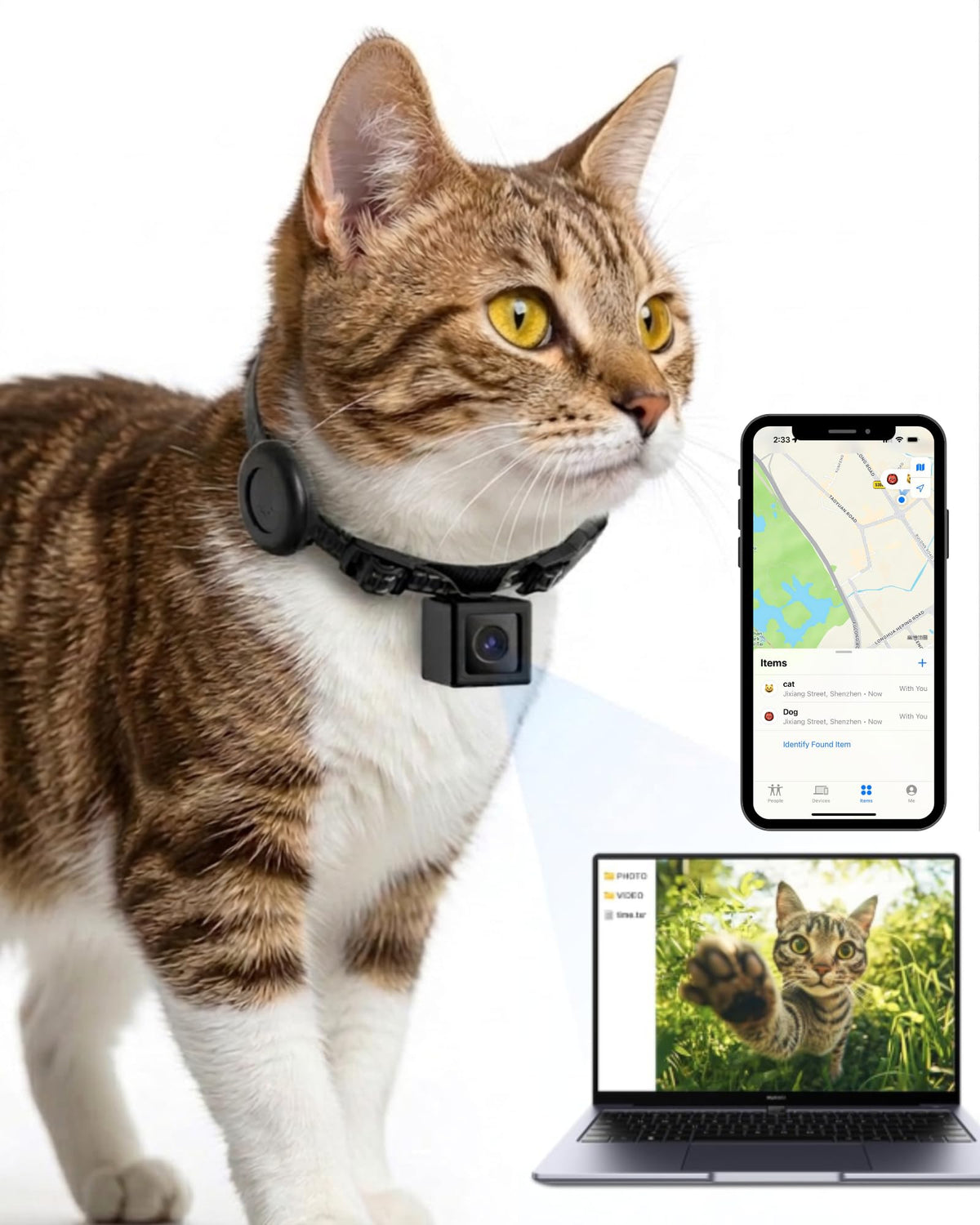 Cat Camera Collar with Tracker Tag, 1080P HD Pet POV Action Cam, Lightweight 0.7oz, Night Vision Z525