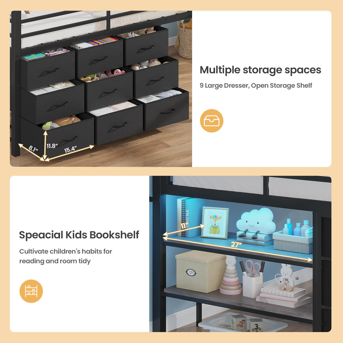 Twin Size Loft Bed with 9 Storage Drawers Z195017
