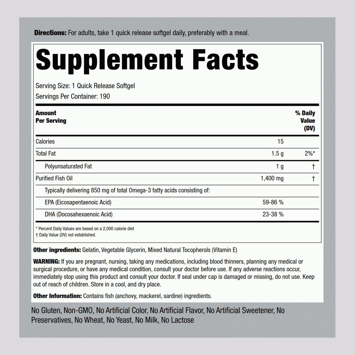 Fish Oil Omega 3 1400 mg 190 Softgels L518