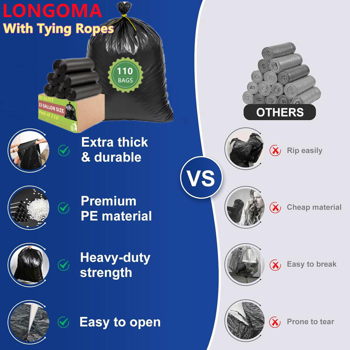 33 Gallon Heavy Duty Trash Bags 110 Count Black Can Liners S5707