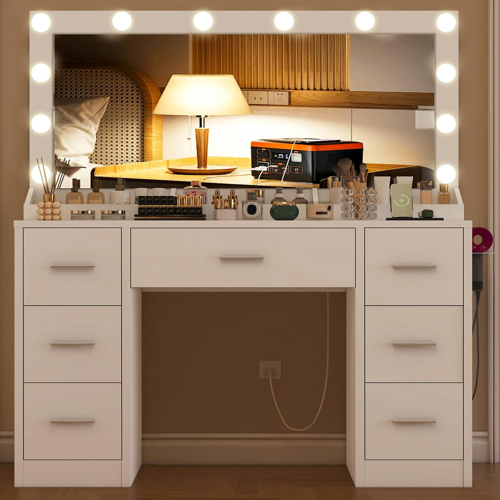 White Vanity Desk with 12 LED Lights and 7 Drawers X933
