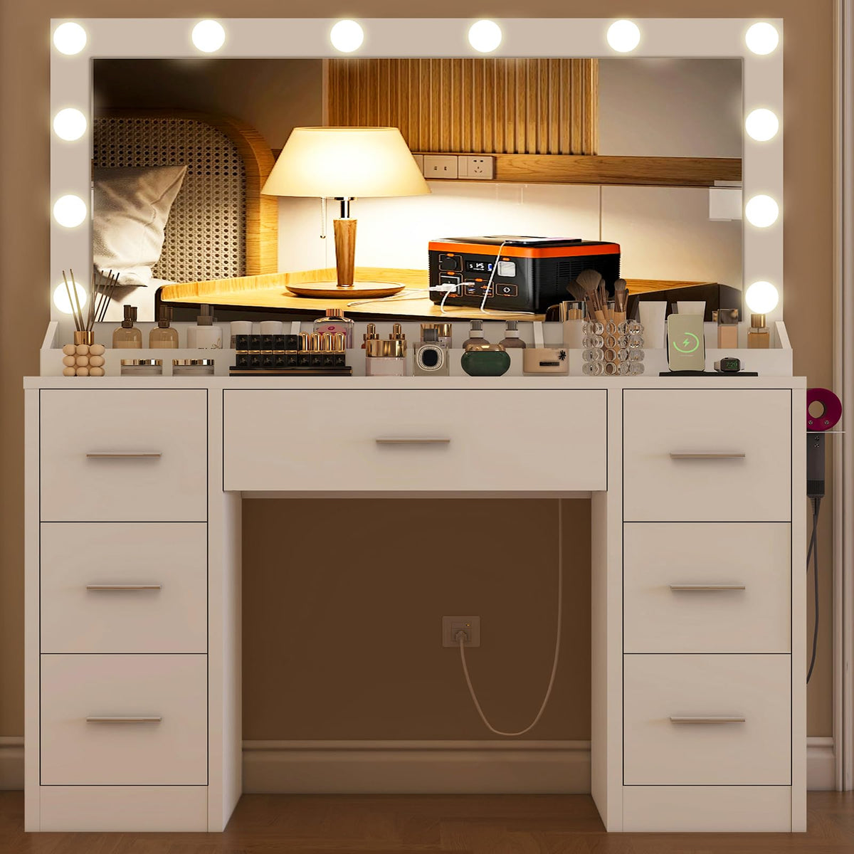 White Vanity Desk with 12 LED Lights and 7 Drawers X933