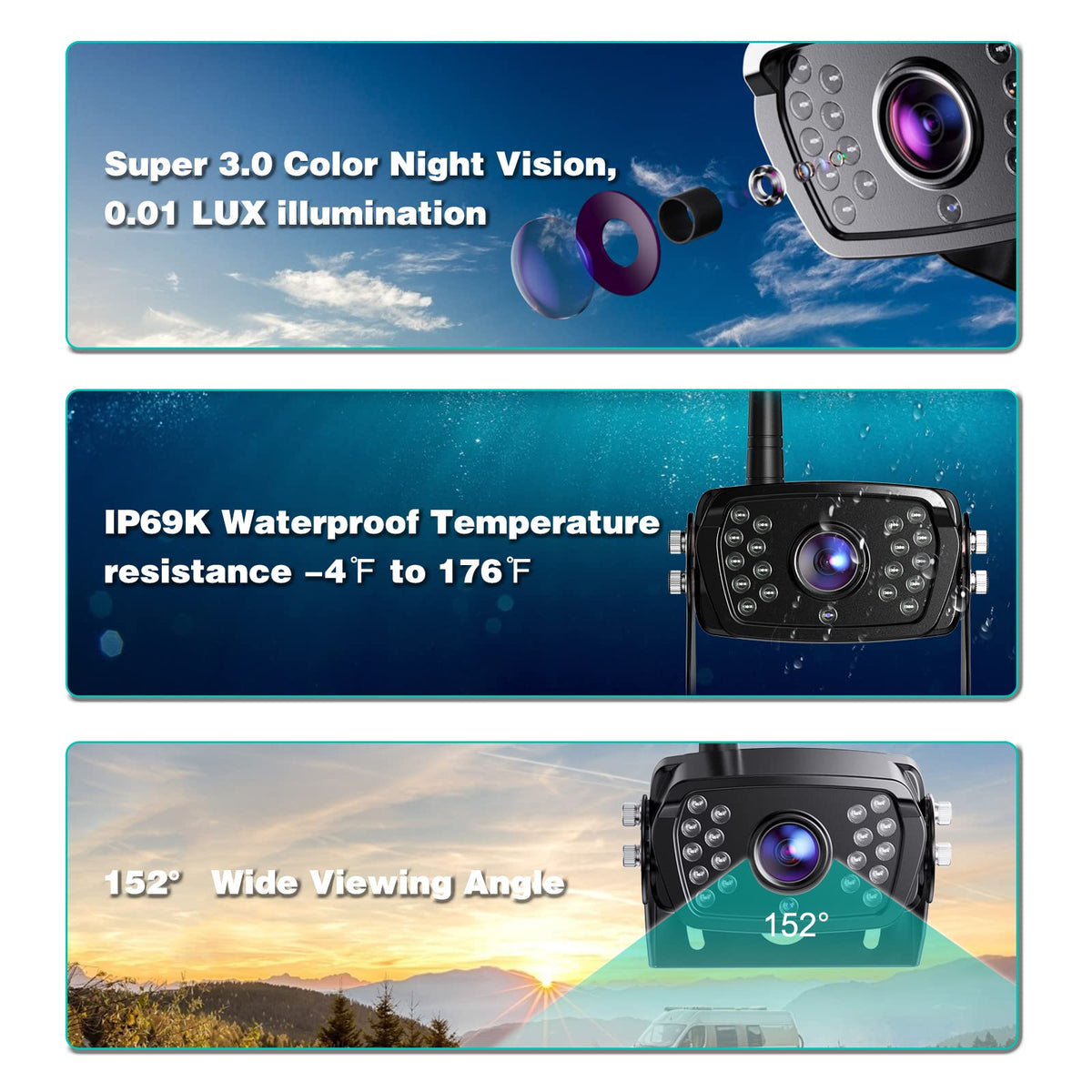 Wireless Backup Camera 7 Inch Monitor Rear View Camera System IP69 Waterproof Night Vision Y347