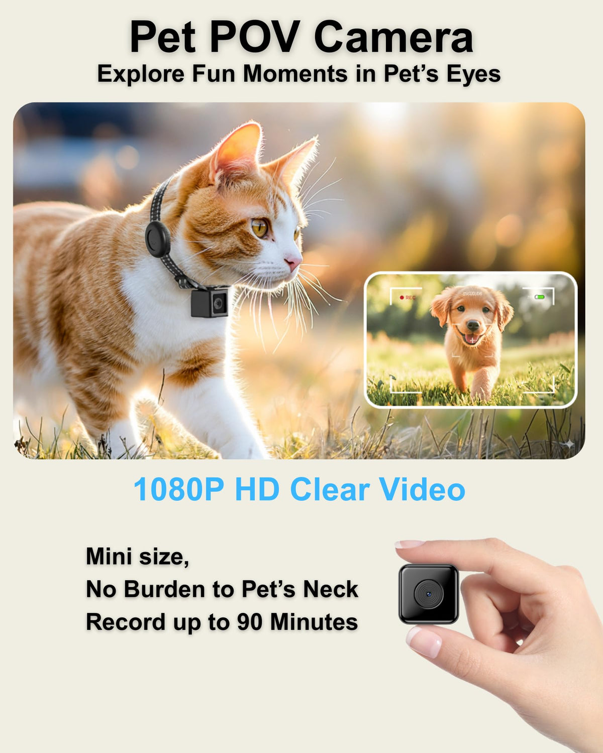 Cat Camera Collar with Tracker Tag, 1080P HD Pet POV Action Cam, Lightweight 0.7oz, Night Vision Z525