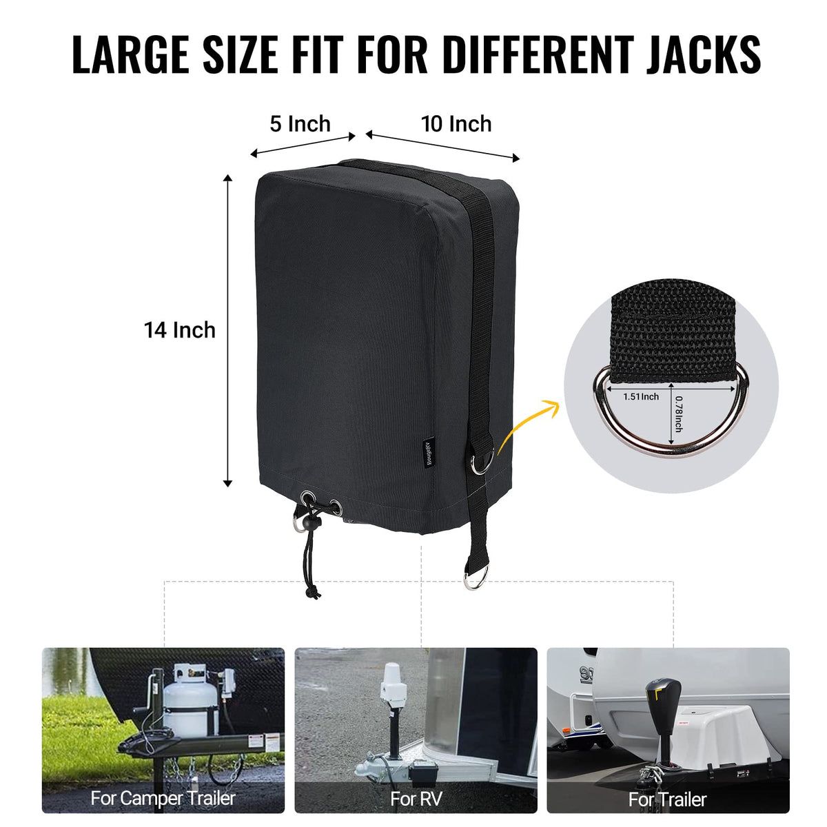 Black 600D RV Electric Tongue Jack Cover with D Rings L9332