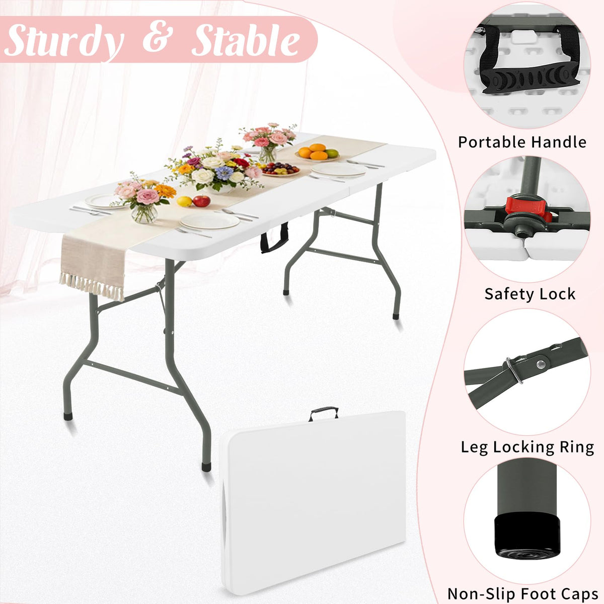 2 Pack 6 Feet Portable Folding Table White Plastic W603545