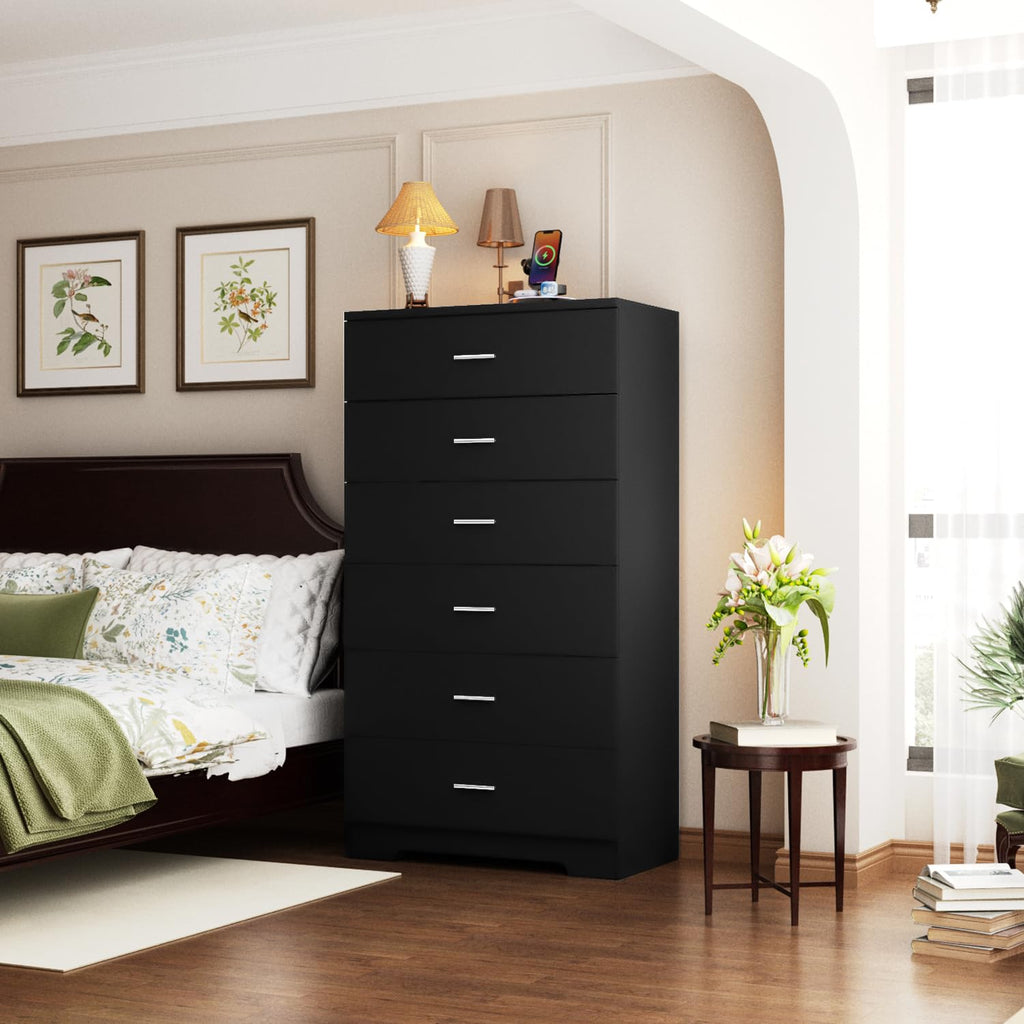 Black 6 Drawer Wood Dresser with Power Outlets W1074
