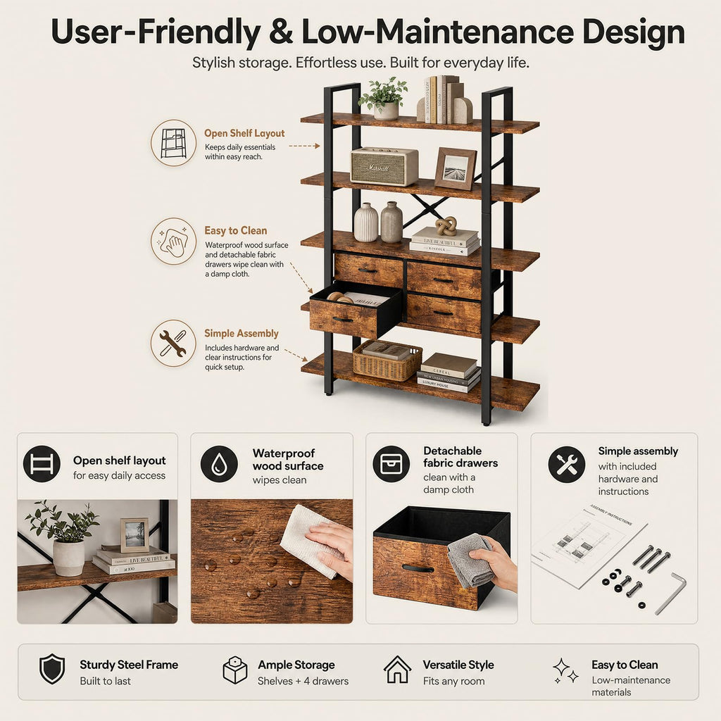 5-Tier Wood and Metal Bookshelf with 4 Fabric Drawers C39689