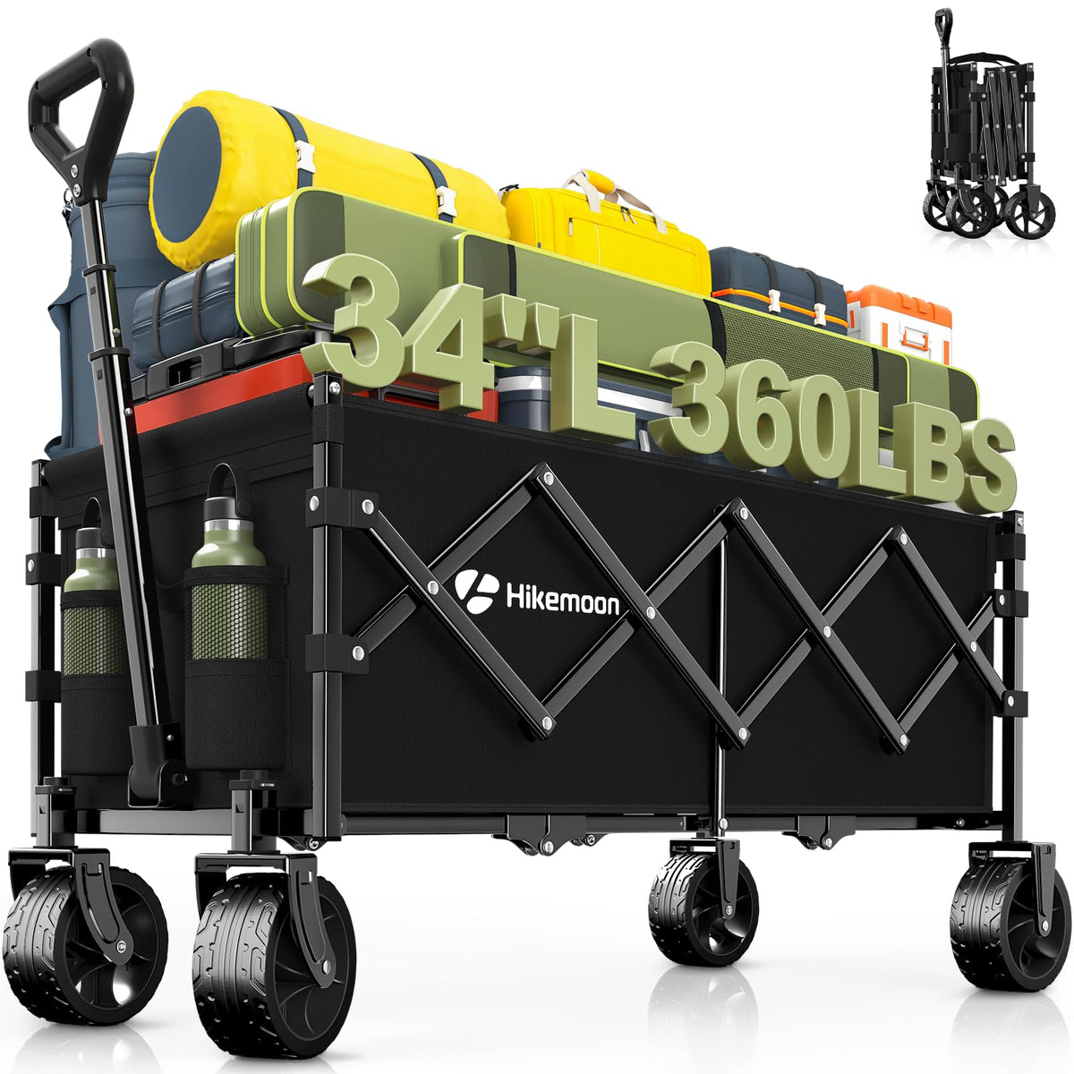 34'' Extra Long Folding Wagon Wide Wheels 120L 360LBS Black J709175