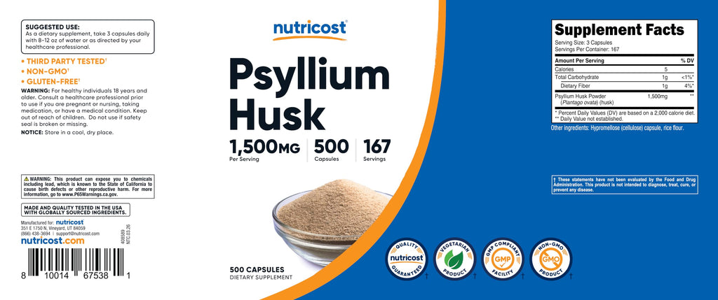 Psyllium Husk 1500mg 500 Capsules Gluten Free X6232