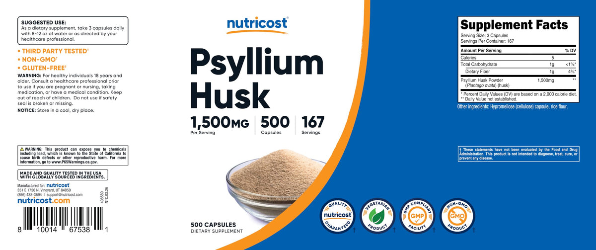 Psyllium Husk 1500mg 500 Capsules Gluten Free X6232
