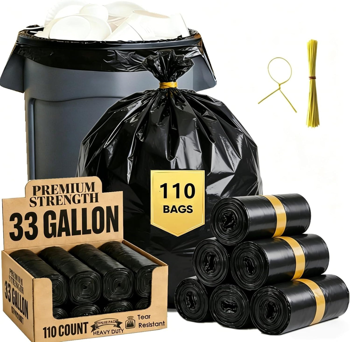 33 Gallon Heavy Duty Trash Bags 110 Count Black Can Liners S5707