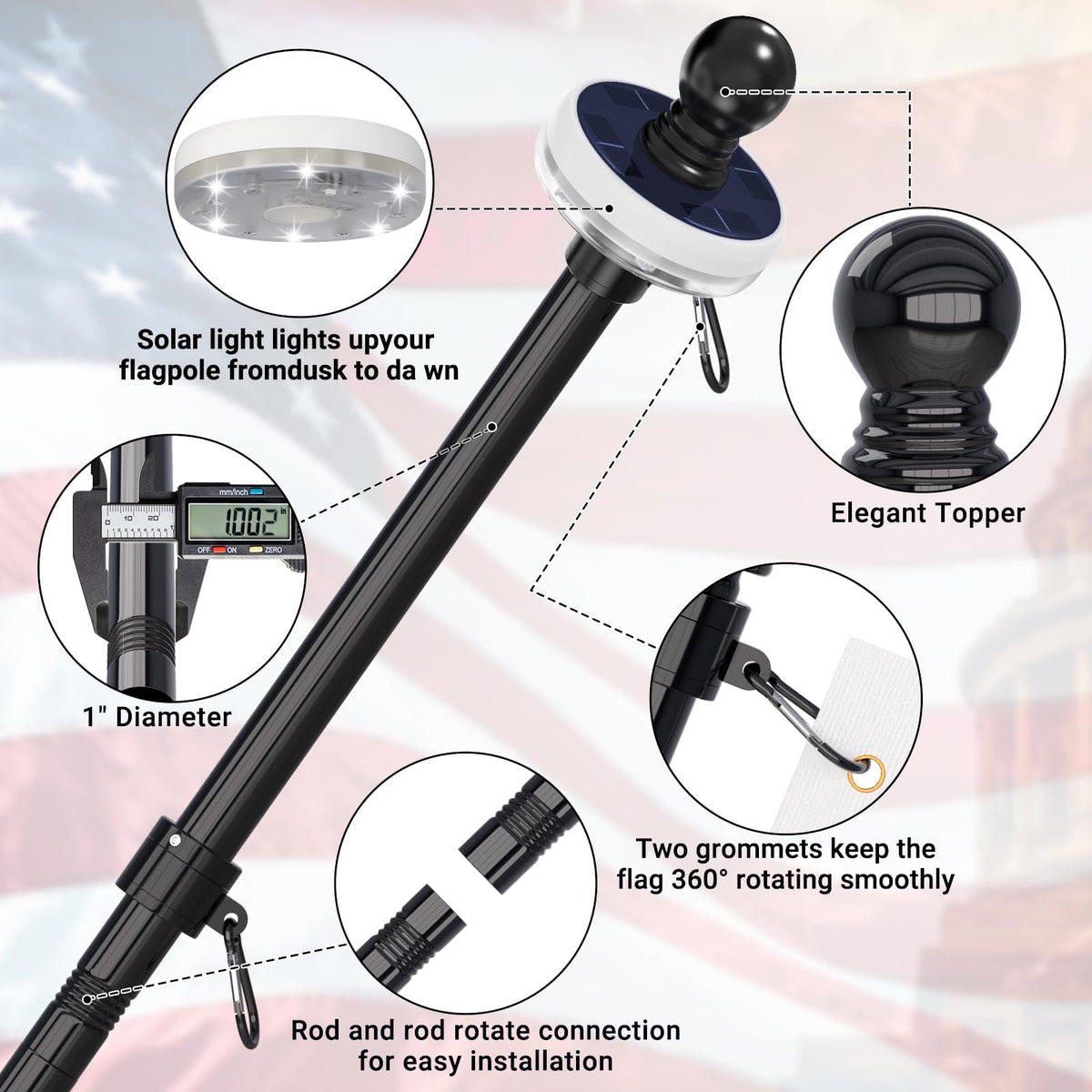7FT Flag Pole Kit with Solar Light N846