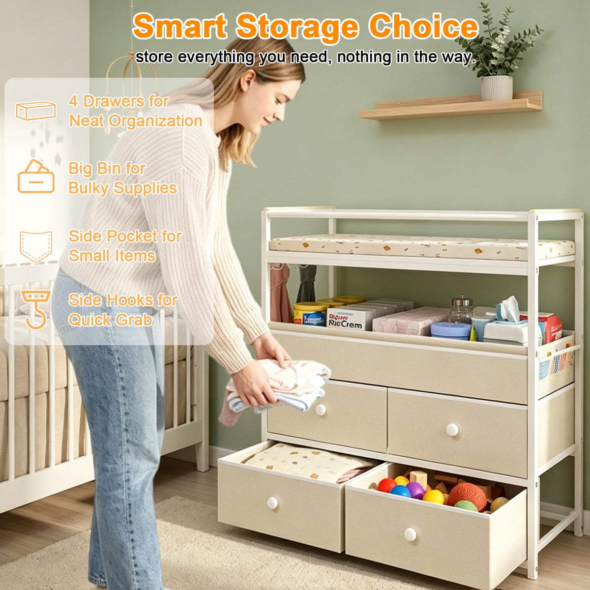 Baby Diaper Changing Table Dresser with Safety Bumper and 4 Drawer Y59673