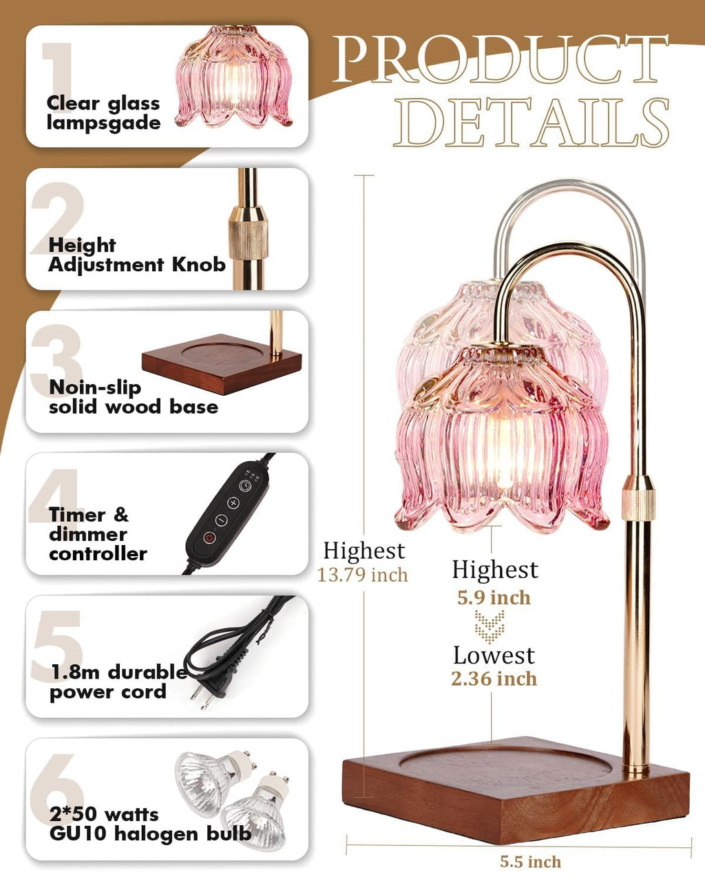 Pink Candle Warmer Lamp with Timer & Dimmer I4584