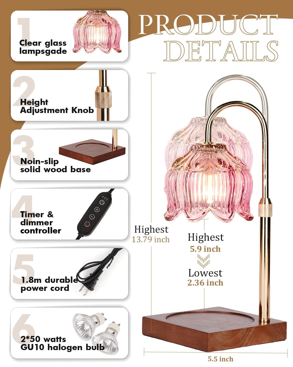 Pink Candle Warmer Lamp with Timer & Dimmer I4584