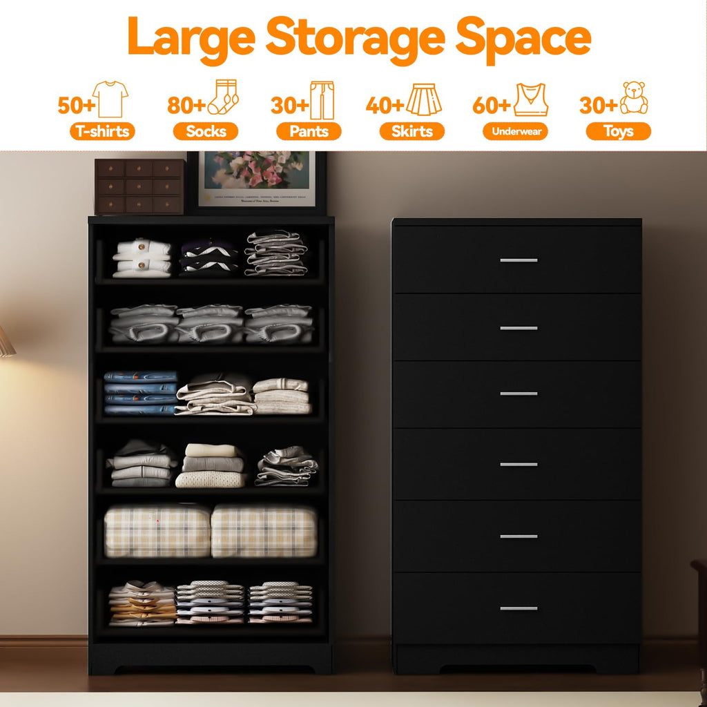 Black 6 Drawer Wood Dresser with Power Outlets W1074