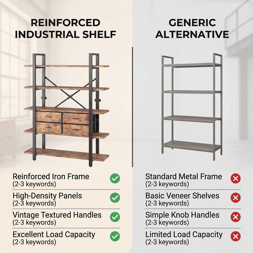 5-Tier Wood and Metal Bookshelf with 4 Fabric Drawers C39689