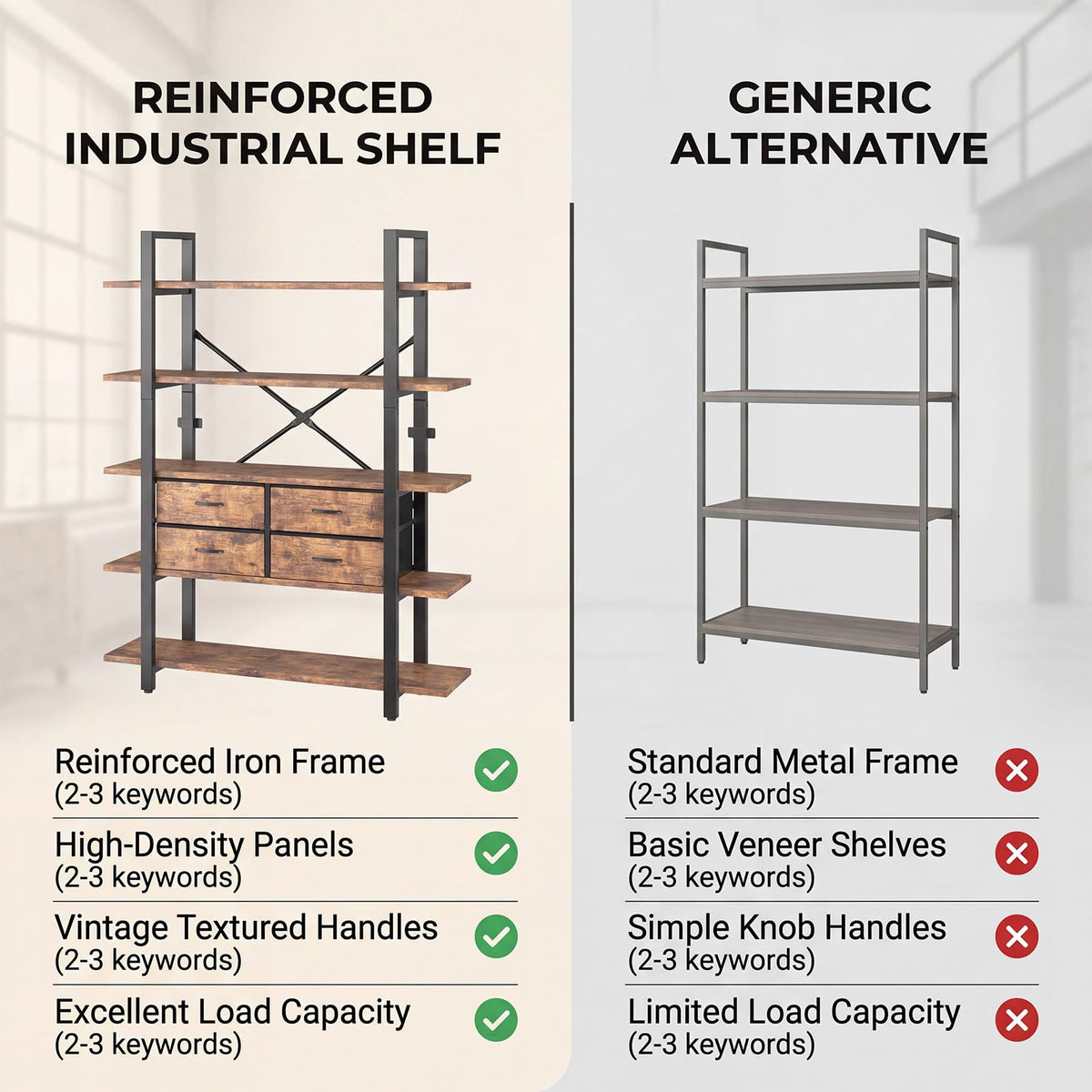 5-Tier Wood and Metal Bookshelf with 4 Fabric Drawers C39689