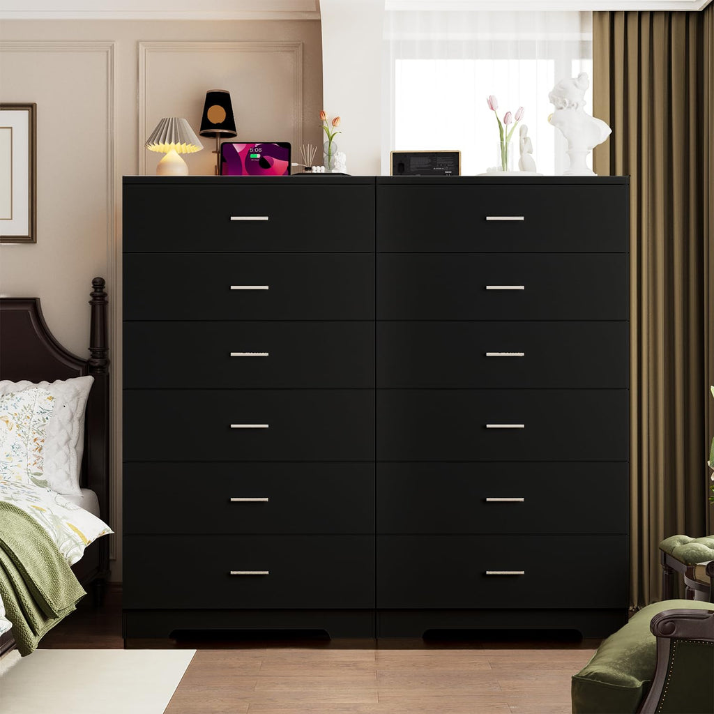 Black 6 Drawer Wood Dresser with Power Outlets W1074