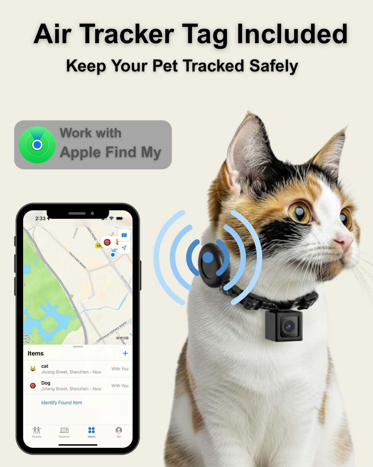 Cat Camera Collar with Tracker Tag, 1080P HD Pet POV Action Cam, Lightweight 0.7oz, Night Vision Z525