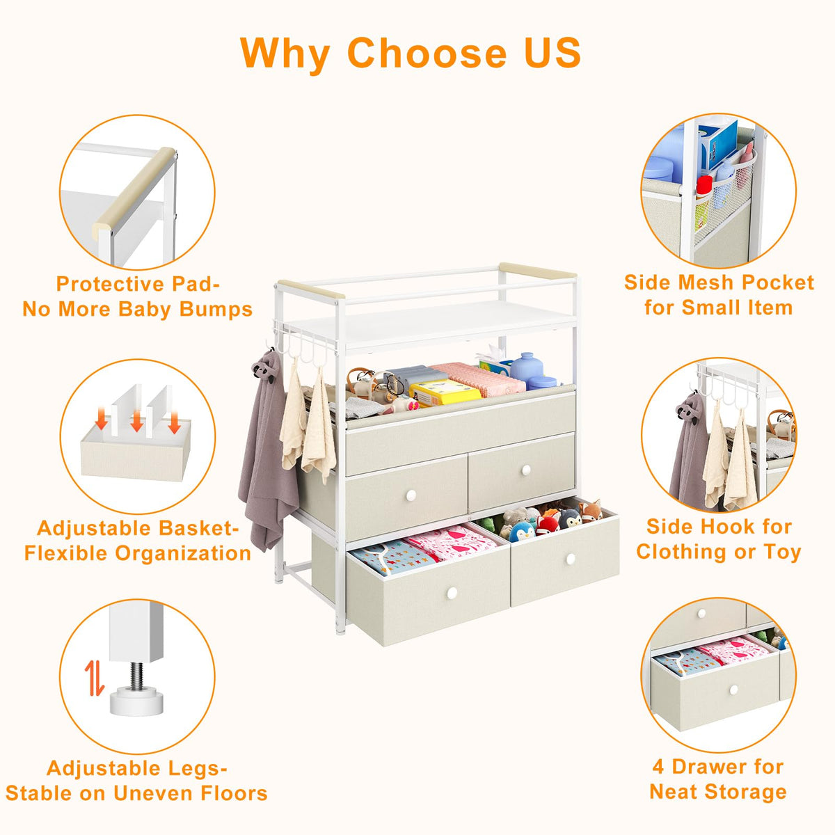 Baby Diaper Changing Table Dresser with Safety Bumper and 4 Drawer Y59673