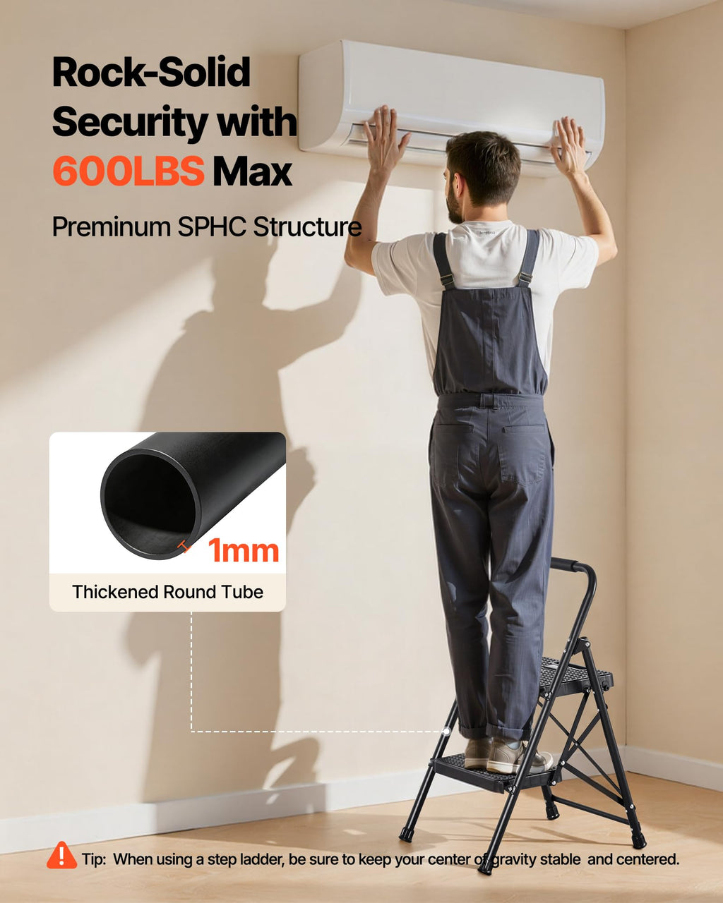 2 Step Folding Steel Ladder 600 lbs Capacity Black R52957