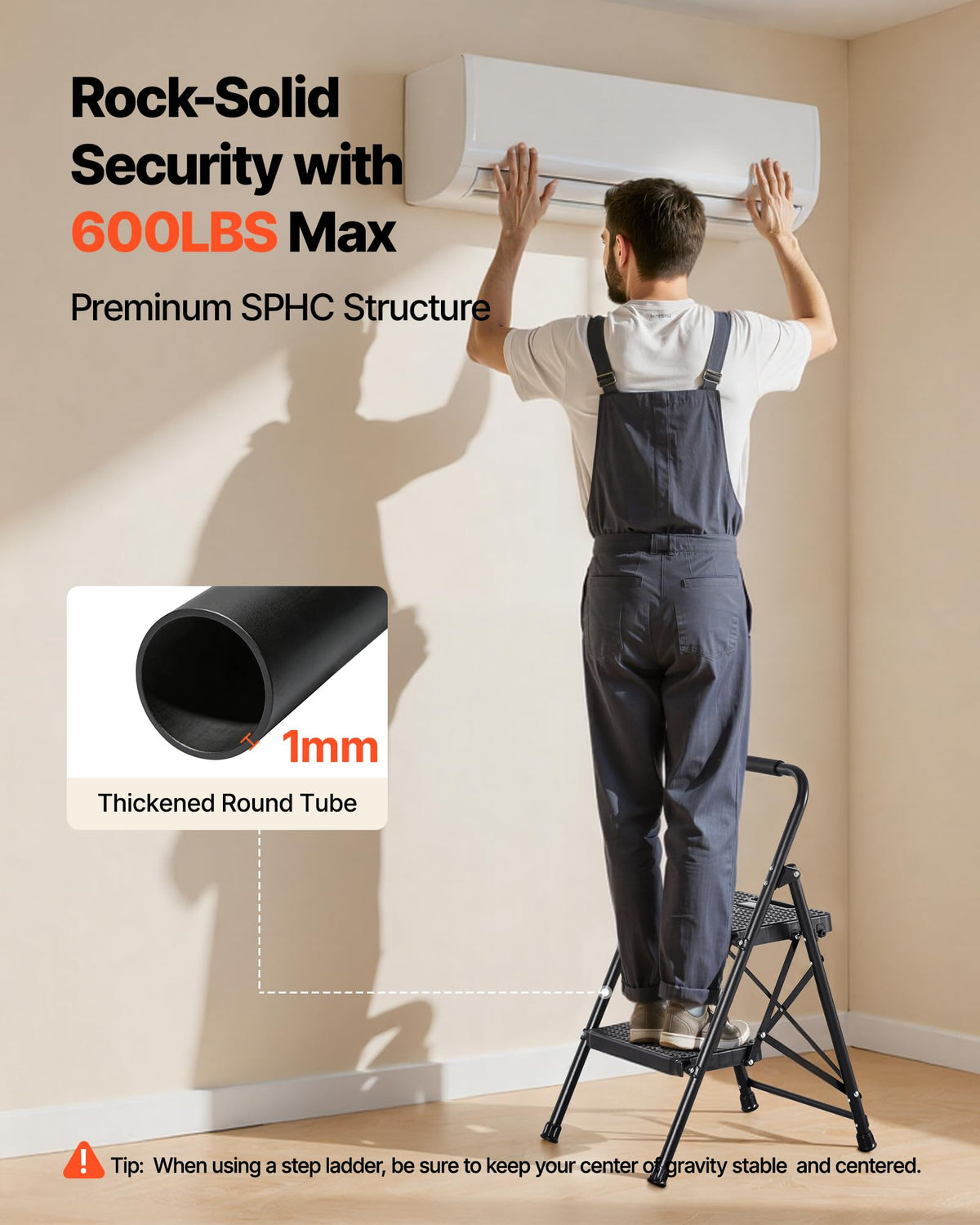 2 Step Folding Steel Ladder 600 lbs Capacity Black R52957