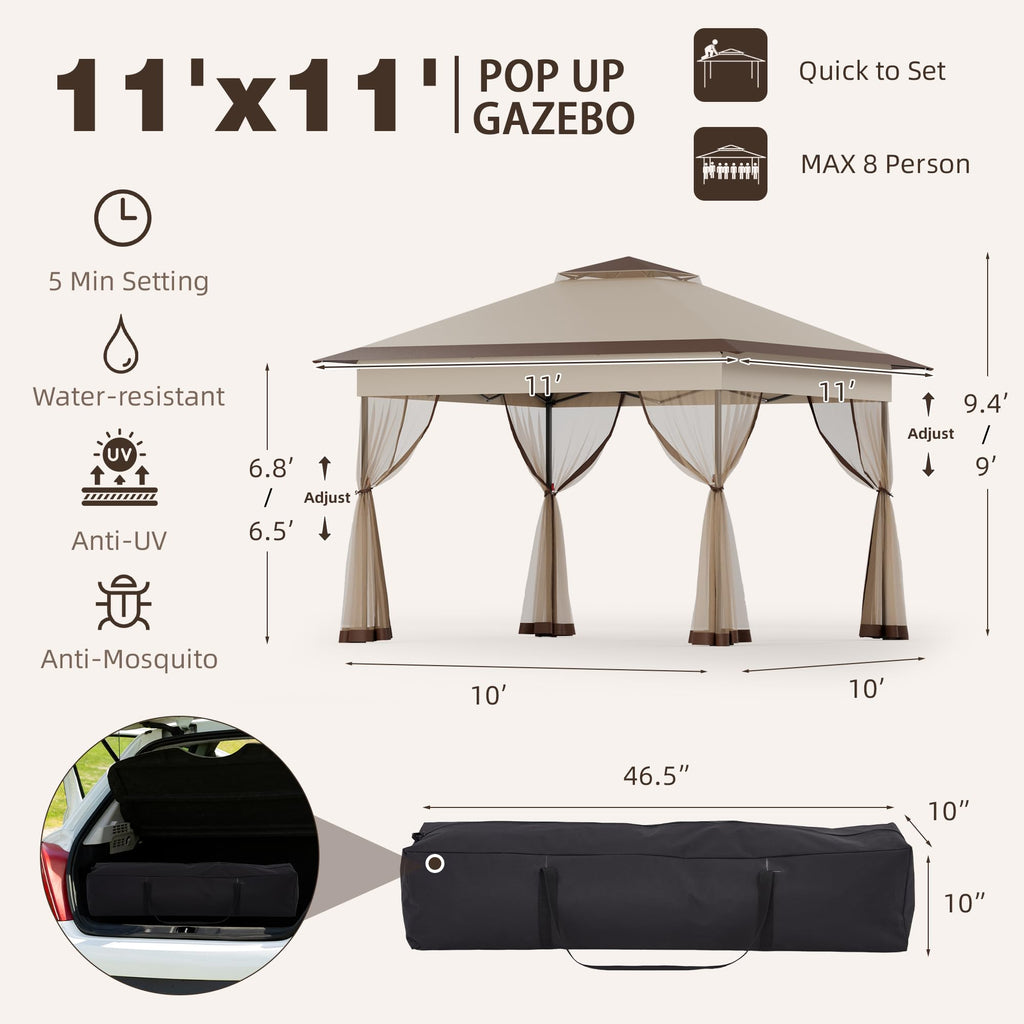 11x11 Pop Up Gazebo with Mosquito Netting R745