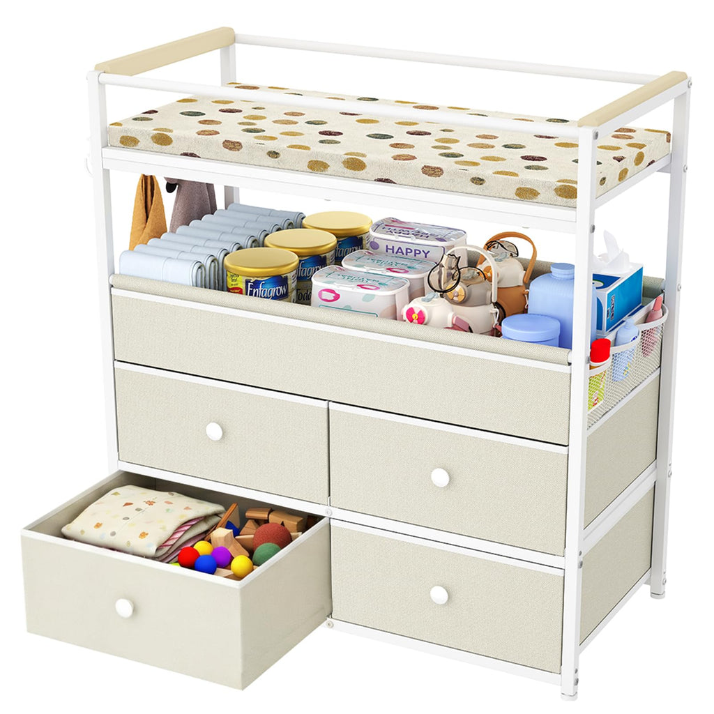 Baby Diaper Changing Table Dresser with Safety Bumper and 4 Drawer Y59673