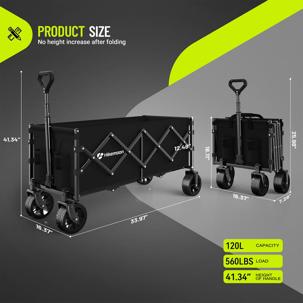 34'' Extra Long Folding Wagon Wide Wheels 120L 360LBS Black J709175