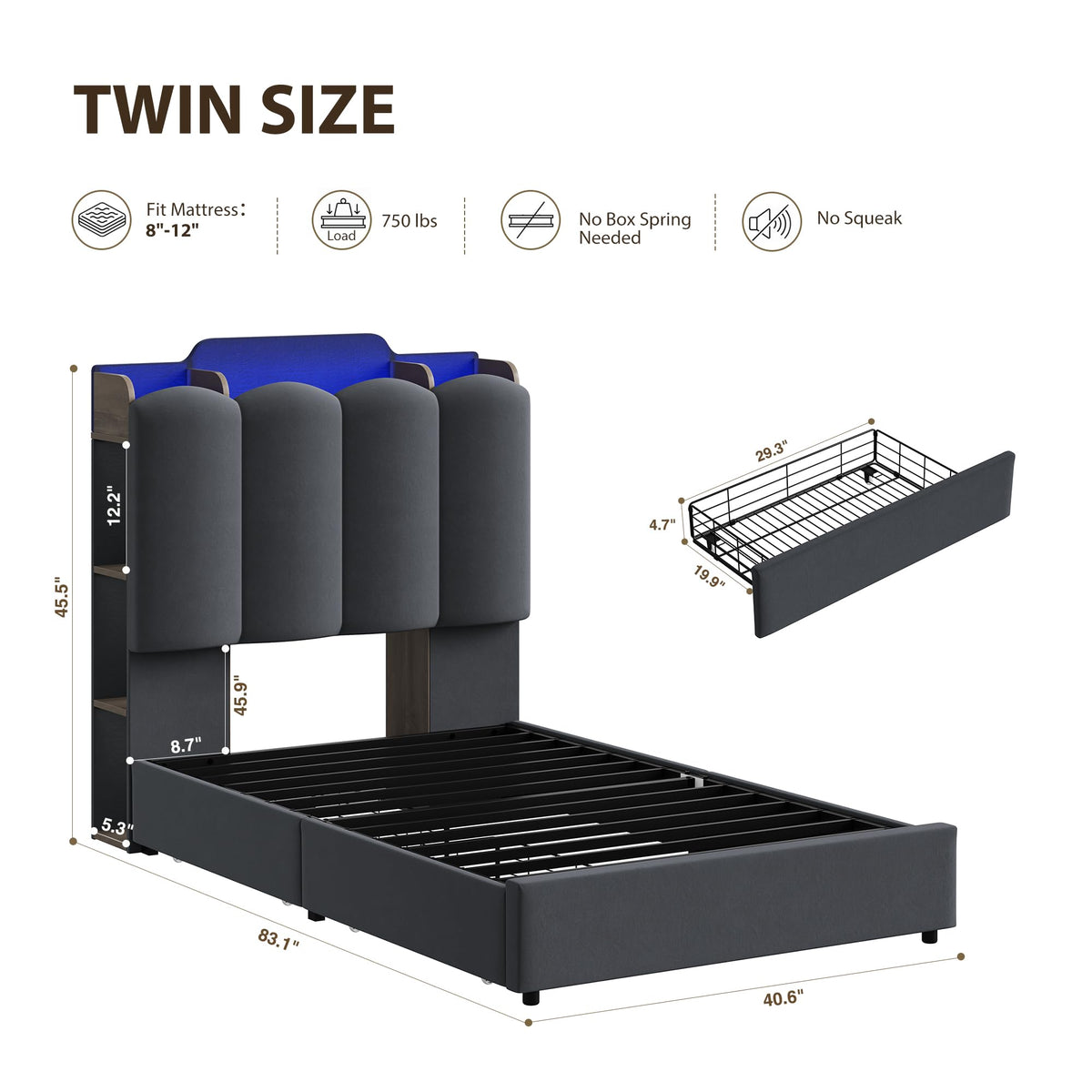 Twin Upholstered Platform Bed Frame with Storage Headboard B668