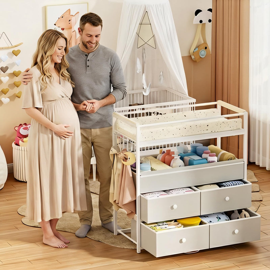 Baby Diaper Changing Table Dresser with Safety Bumper and 4 Drawer Y59673