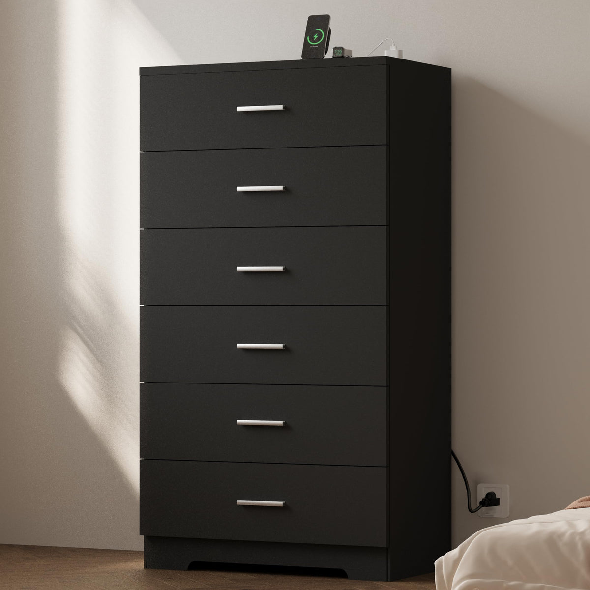 Black 6 Drawer Wood Dresser with Power Outlets W1074