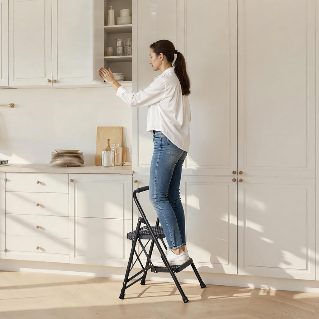 2 Step Folding Steel Ladder 600 lbs Capacity Black R52957