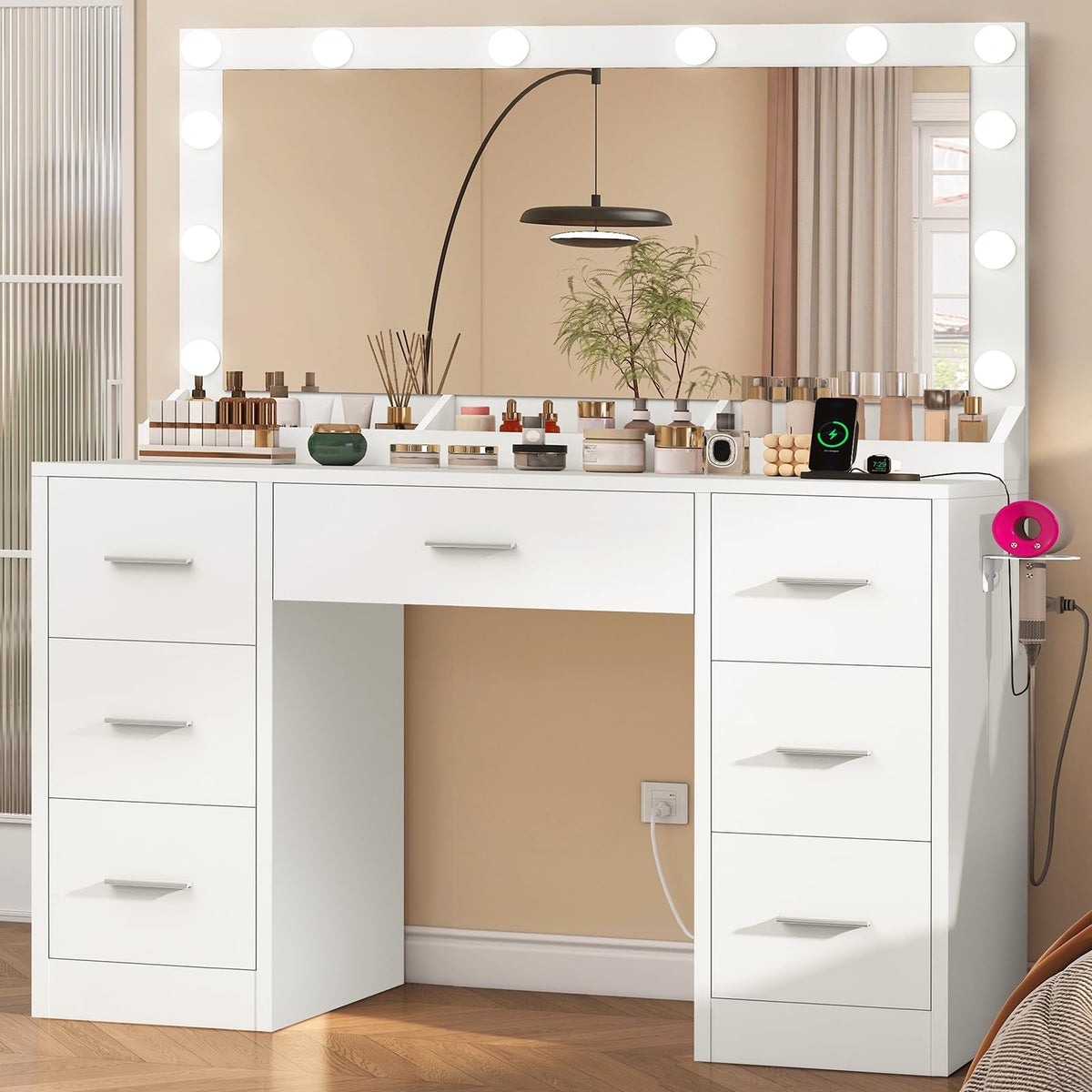White Vanity Desk with 12 LED Lights and 7 Drawers X933