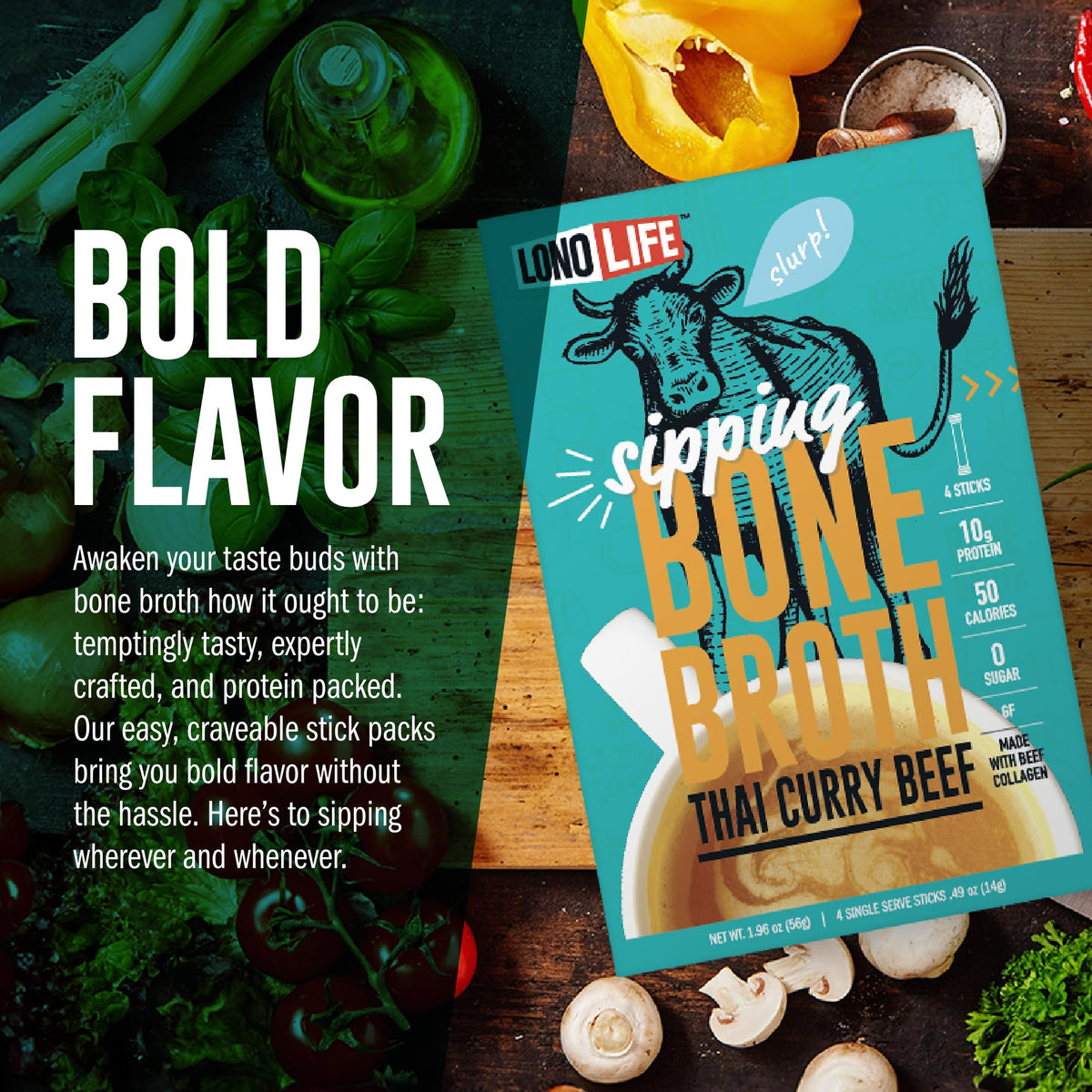 Thai Curry Beef Bone Broth Powder Mix 24 Stick Pack J8407